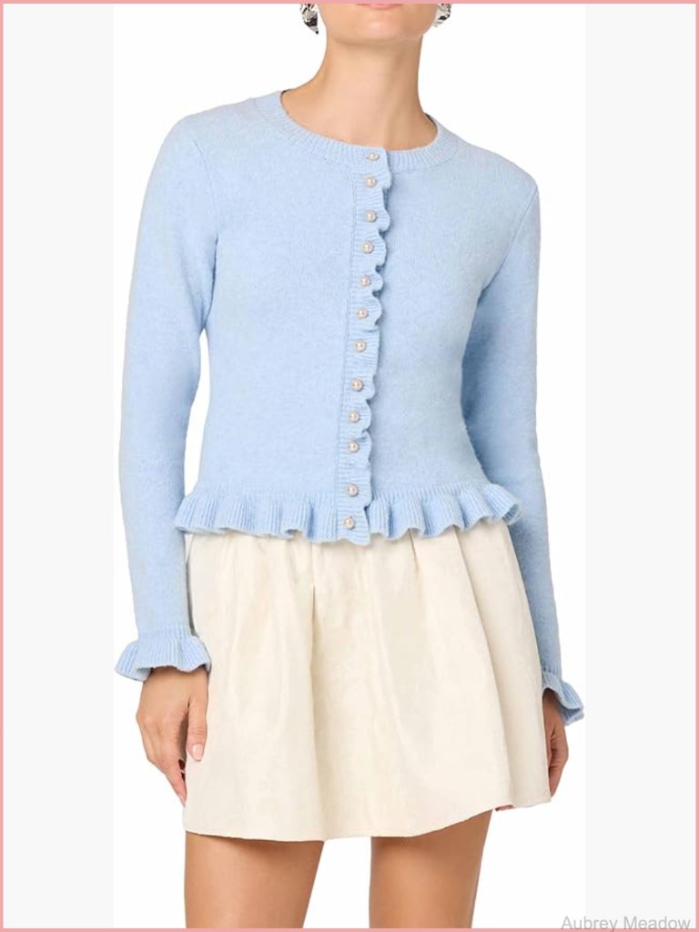 Light Blue Pearl Button Cardigan With Ruffled Hem - S